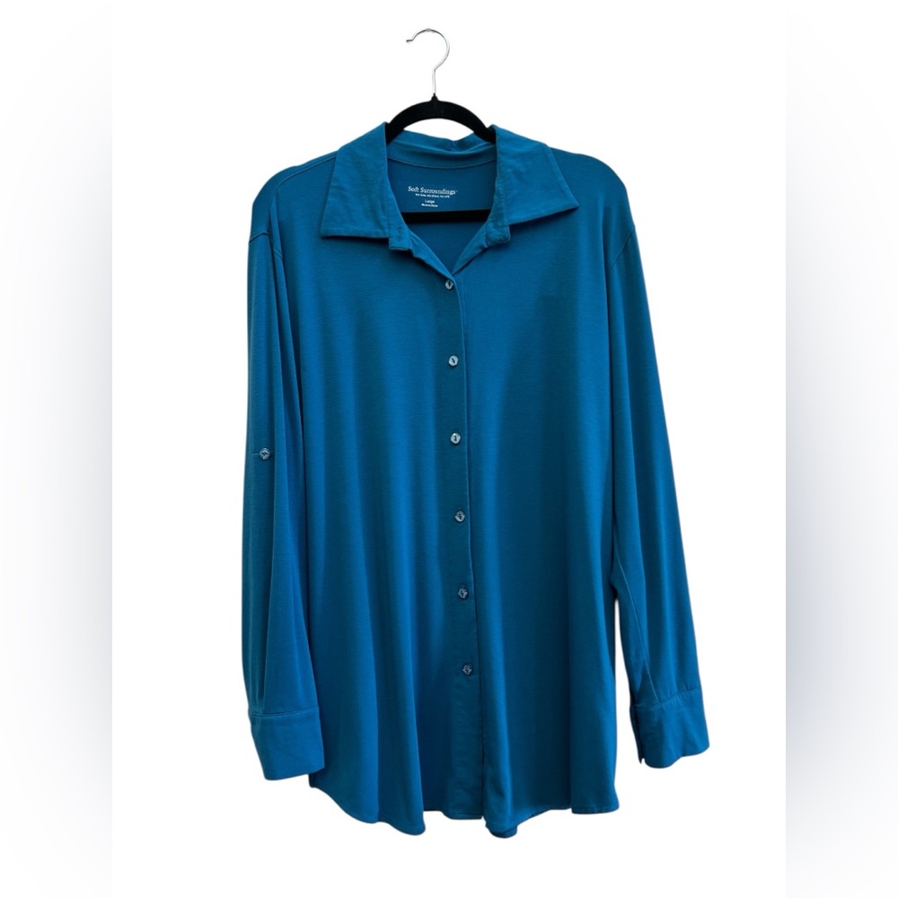 Soft Surroundings Blue Button Front Knit Tunic Top Lagenlook L Coastal Grandma - Picture 2 of 6